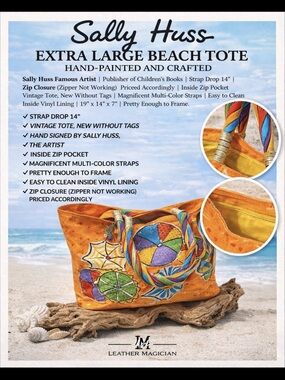 Sally Huss Extra Large Beach Tote Hand Painted Signed Artist Bag Colorful Straps